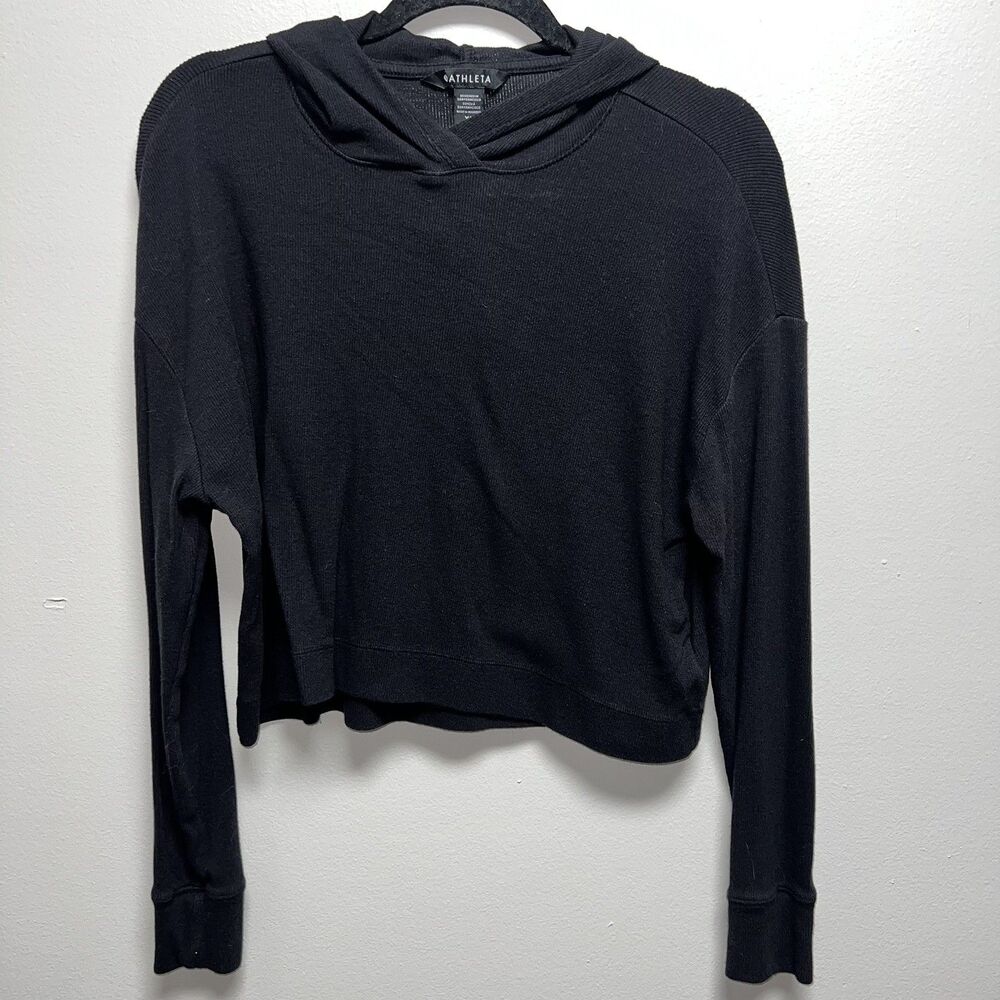Women’s Athleta Hooded Cropped Rib Long Sleeve Top, Black, Size XS